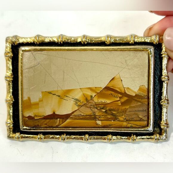 1970s Kenneth Reid Mixed Wood Inlay and Howlite Solid Brass Handmade Belt Buckle - Picture 1 of 13